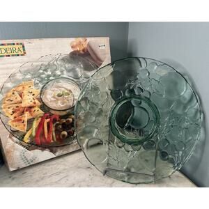 Indiana Glass Chip Dip Tray Madeira Green Raised Fruit Pattern 13” Platter Box